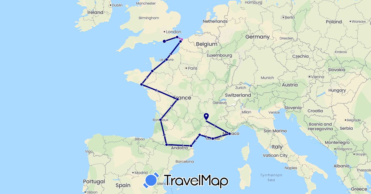 TravelMap itinerary: driving, train in Spain, France, United Kingdom (Europe)